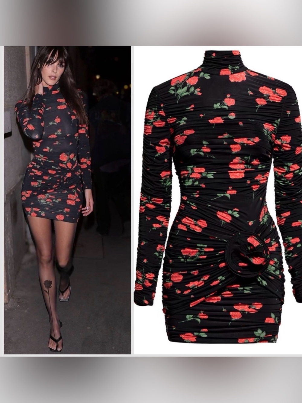 Magda Butrym Black Turtleneck Long Sleeve Mini Dress with Red Rose Print